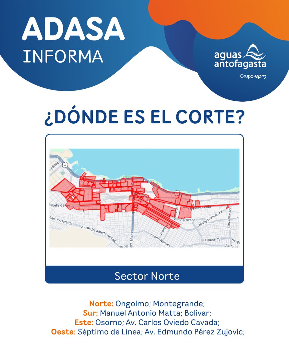 RadioAftaOnline's tweet photo. #AlertaRAO | 🚨 Corte no programado de agua – Sector Norte de Antofagasta

Debido a una rotura en la infraestructura del sistema de distribución, se mantiene un corte no programado de suministro. Nuestros equipos trabajan en terreno para la pronta reposición.

🕒 Reposición estimada: hoy 07/02 hasta las 15:01 hrs.

🚰 Puntos de abastecimiento desde las 06:30 hrs:

• Teniente Ernesto Riquelme / Manuel A. Matta
• Iquique / Eleuterio Ramírez
• Av. Antonio Rendic / Quito
• Iquique / Paraguay
• Illapel / Vallenar
• Azapa / Montegrande

ℹ️ Información actualizada en APP Aguas Antofagasta, @aguas_antof y Call Center 600 700 01 01.

@Aguas_Antof