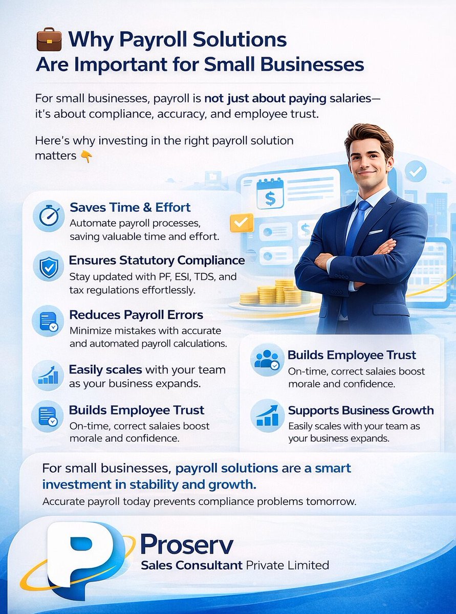 Proserv_Sales's tweet photo. Why Payroll Solutions Are Important for Small Businesses
For small businesses, payroll is not just about paying salaries it’s about compliance, accuracy, and employee trust.
Here’s why investing in the right payroll solution matters 👇
#Payroll #PayrollServices #SmallBusiness https://t.co/o79VlDMmg6
