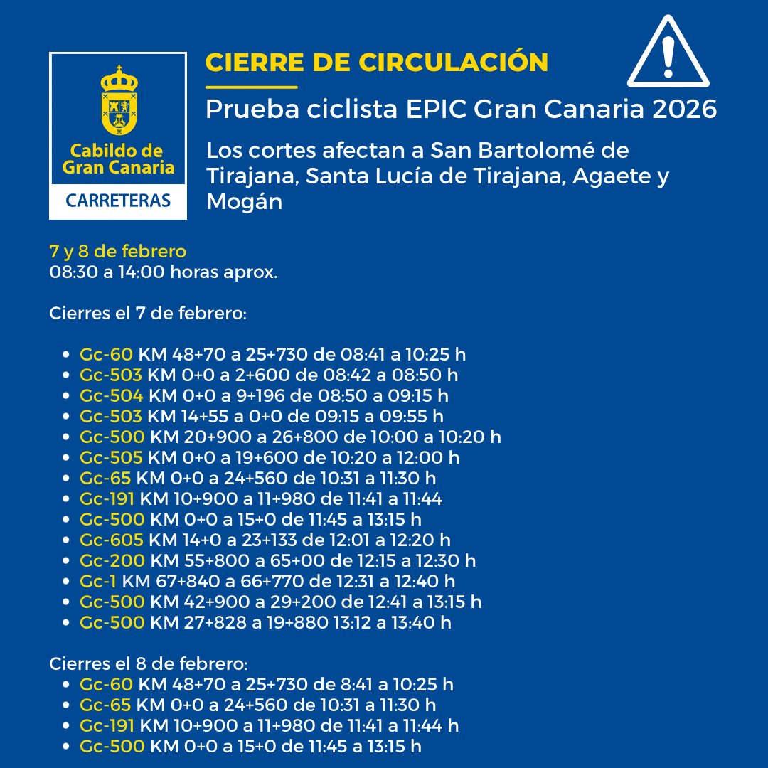 RECUERDA

❌Cierre de la circulación ❌ 
Prueba ciclista EPIC Gran Canaria 2026

Los cortes afectan a San Bartolomé de Tirana, Santa Lucía de Tirajana, Agaete y Mogán

🗓️7 y 8 de febrero
⏰ 08:30 a 14:00 h, aprox

#CarreterasGC👇🧵
 <a href="/guaguasglobal/">Guaguas Global</a> <a href="/FET_CANARIAS/">fetcanarias</a>