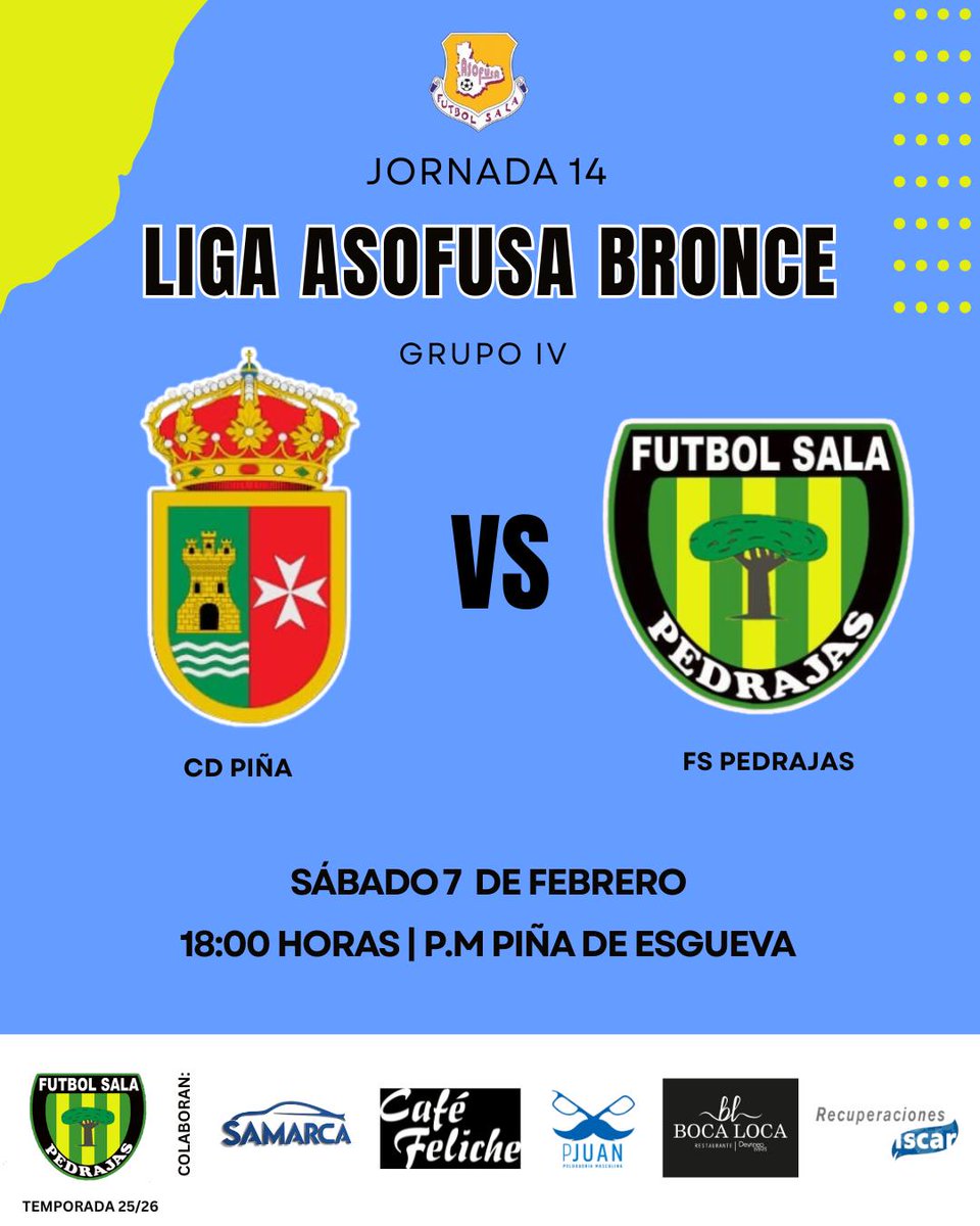 🔥 DÍA DE PARTIDO🔥
🏆 Liga Asofusa Bronce Grupo IV 
🆚 J14. CD Piña - CDFS Pedrajas
📆 Sábado 7 de febrero 
⏰ 18:00h
📍 Piña de Esgueva 
📝 Salida complicada para el equipo masculino

#LoMejorEstáPorLlegar