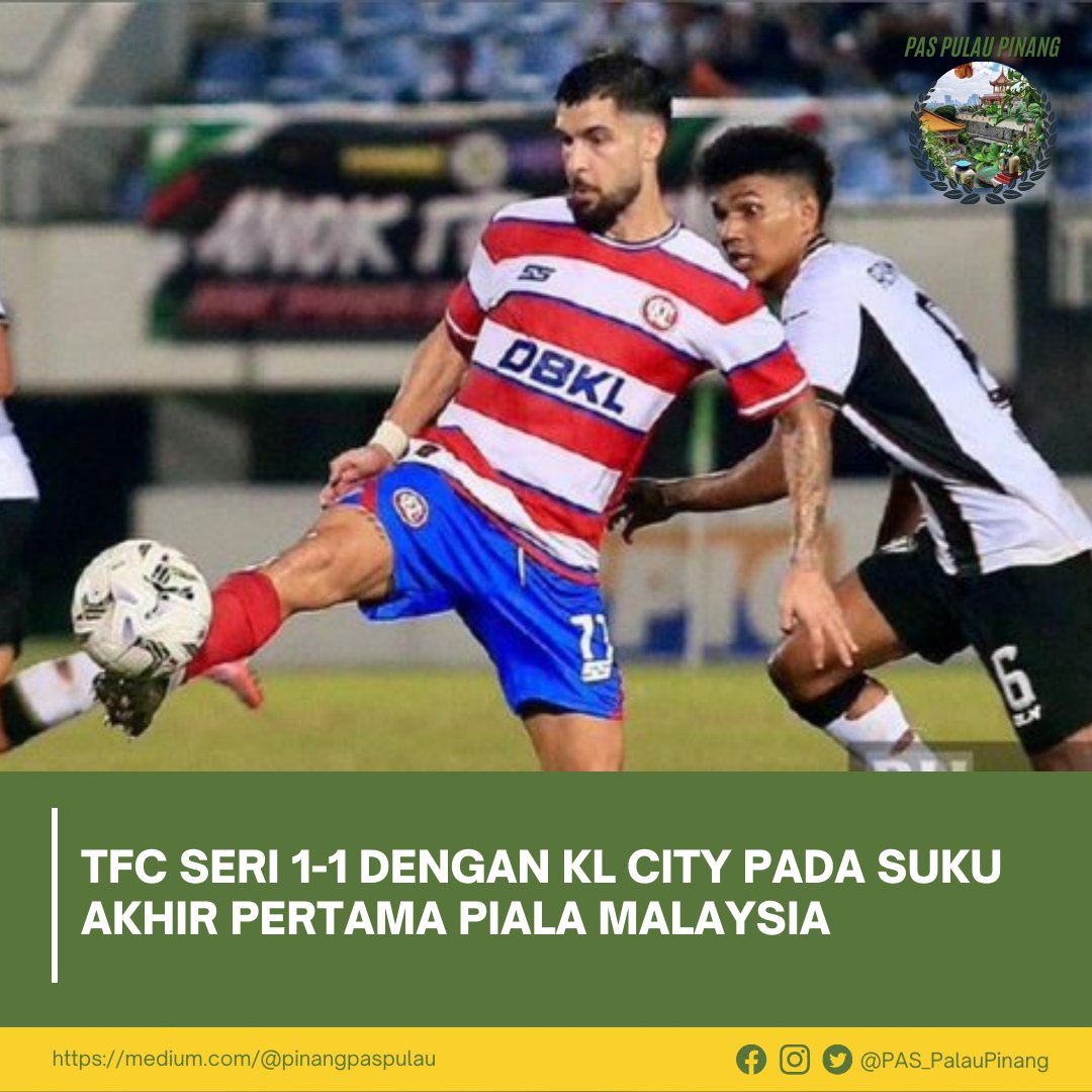 PAS_PalauPinang's tweet image. TFC seri 1-1 dengan KL City pada suku akhir pertama Piala Malaysia. ⚽
Perlawanan seimbang, pertahanan kukuh, aksi cemerlang di beberapa saat, dan masih banyak yang perlu ditunjukkan pada perlawanan kedua.

#TFC #KLCity #MalaysiaCup #QuarterFinals #FootballMalaysia #MatchDay