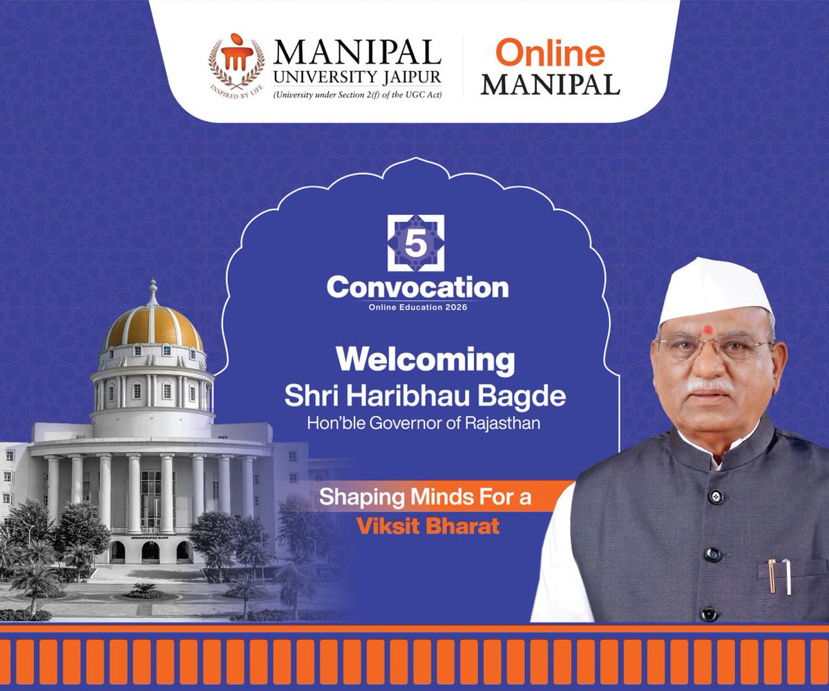 Jaipur_Manipal's tweet image. MUJ warmly welcomes Hon’ble Governor of Rajasthan, Shri Haribhau Bagde, as Chief Guest for the 5th Online Education Convocation 🎓
Celebrating 9,043 graduates! 
#MUJ #Convocation2026 #OnlineEducation