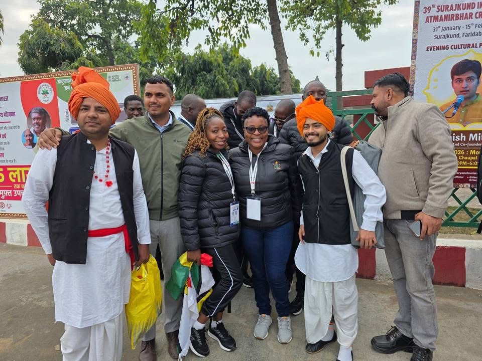 Zimbabwean artists and crafters interact with Indian performers at the ongoing global fair, the Surajkund International Crafts Mela, which commenced this Saturday at Faridabad, India.