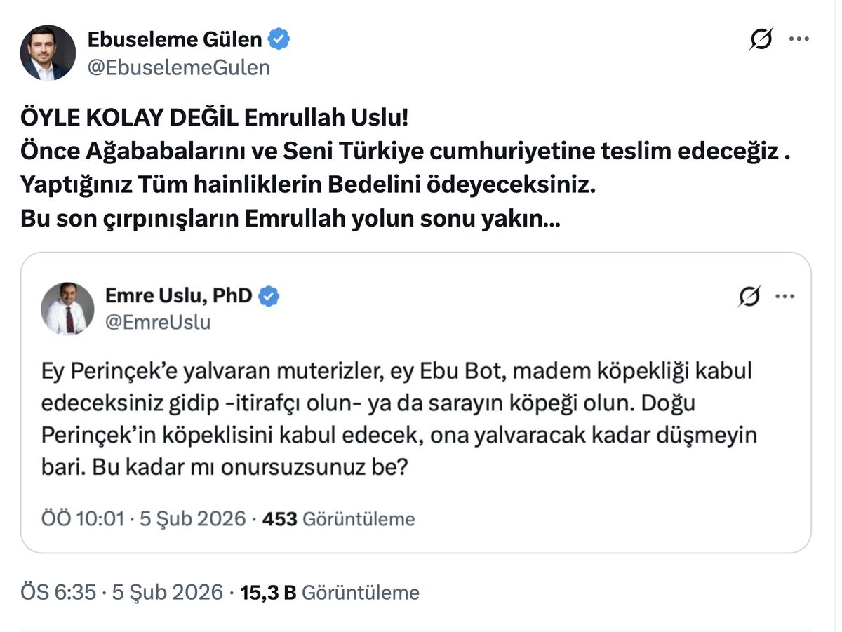 🚨Fetullah Gülen'in yeğeni Ebuseleme Gülen'den firari FETÖ'cü Emre Uslu'ya:

“Seni Türkiye Cumhuriyeti'ne teslim edeceğiz. Hainliklerinin bedelini ödeyeceksin.”