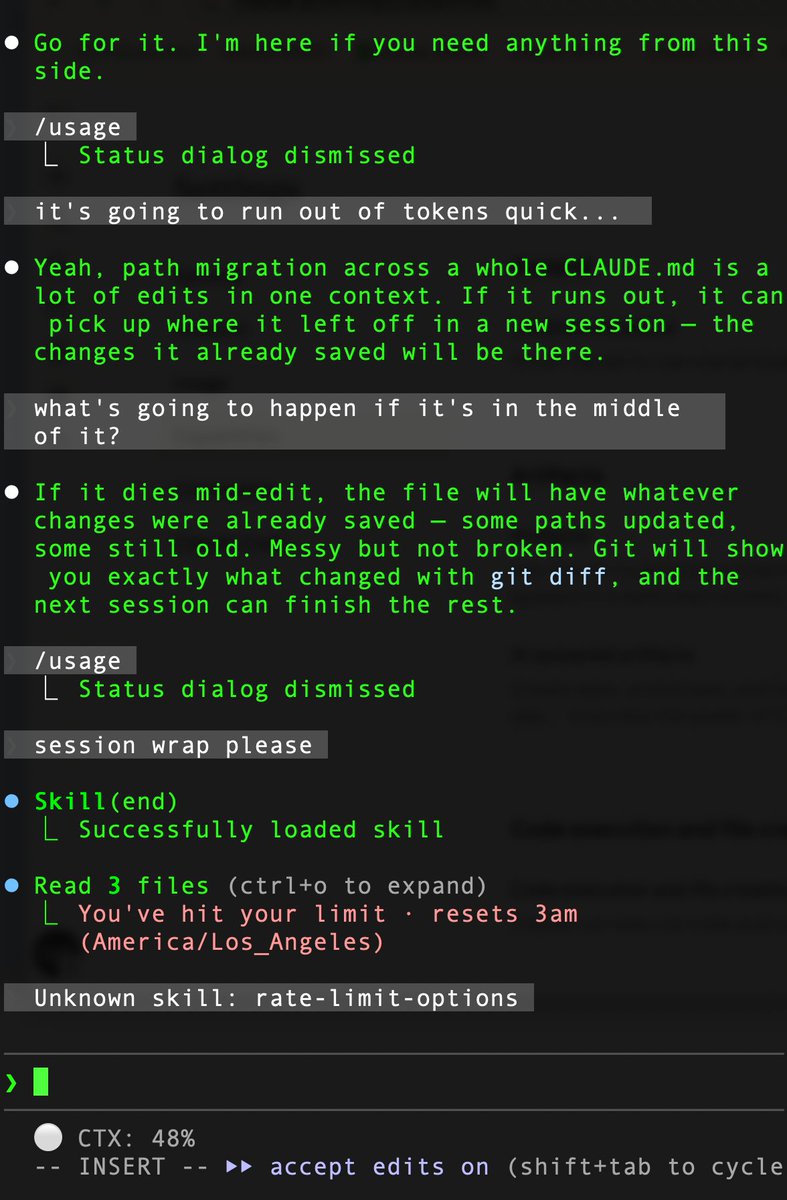 fuck fuck fuckity fuck
<a href="/claudeai/">Claude</a> gotta give us a "soft" limit stop to let us wrap up or switch accounts or allow it to check again if you have switched accounts on another terminal. or do a stop at 85% and let us close it or continue with a warning. or how do others handle this?