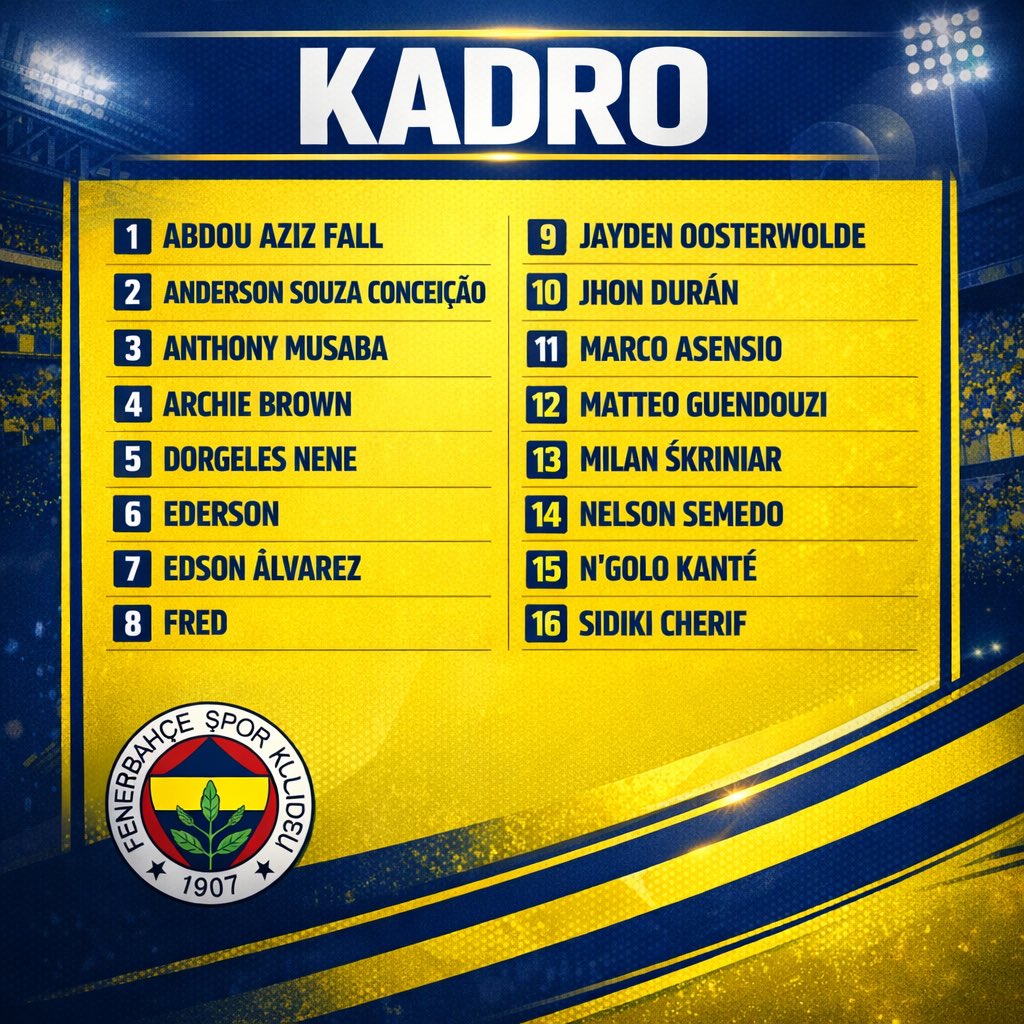 Güncel <a href="/TFF_Org/">TFF</a>  listesine göre <a href="/Fenerbahce/">Fenerbahçe SK</a>  yabancı oyuncuları 
- ABDOU AZİZ FALL  zaten listede değil di 
- JHON DURAN hala <a href="/Fenerbahce/">Fenerbahçe SK</a> oyuncusu olası bir BROWN liste dışı ile forvet sorunu biter  !!! 
DURAN VEDA POSTUNU VE ZENIT FORMALI RESMİNİ KALDIRMIS 
<a href="/sozfb2025/">Söz Fenerbahçe</a>