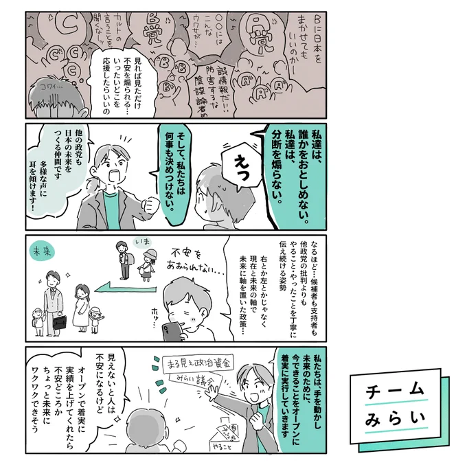 選挙の「いがみ合う空気が嫌」「情報を知れば知るだけ未来が不安になる」と感じている人に、チームみらいを知ってほしい。
「この人を応援したい」という想いで票を投じられることはとても幸せなことです。

未来のために、今やれることを今すぐに。
国民が今出来ることは、投票です!

#比例はみらい 