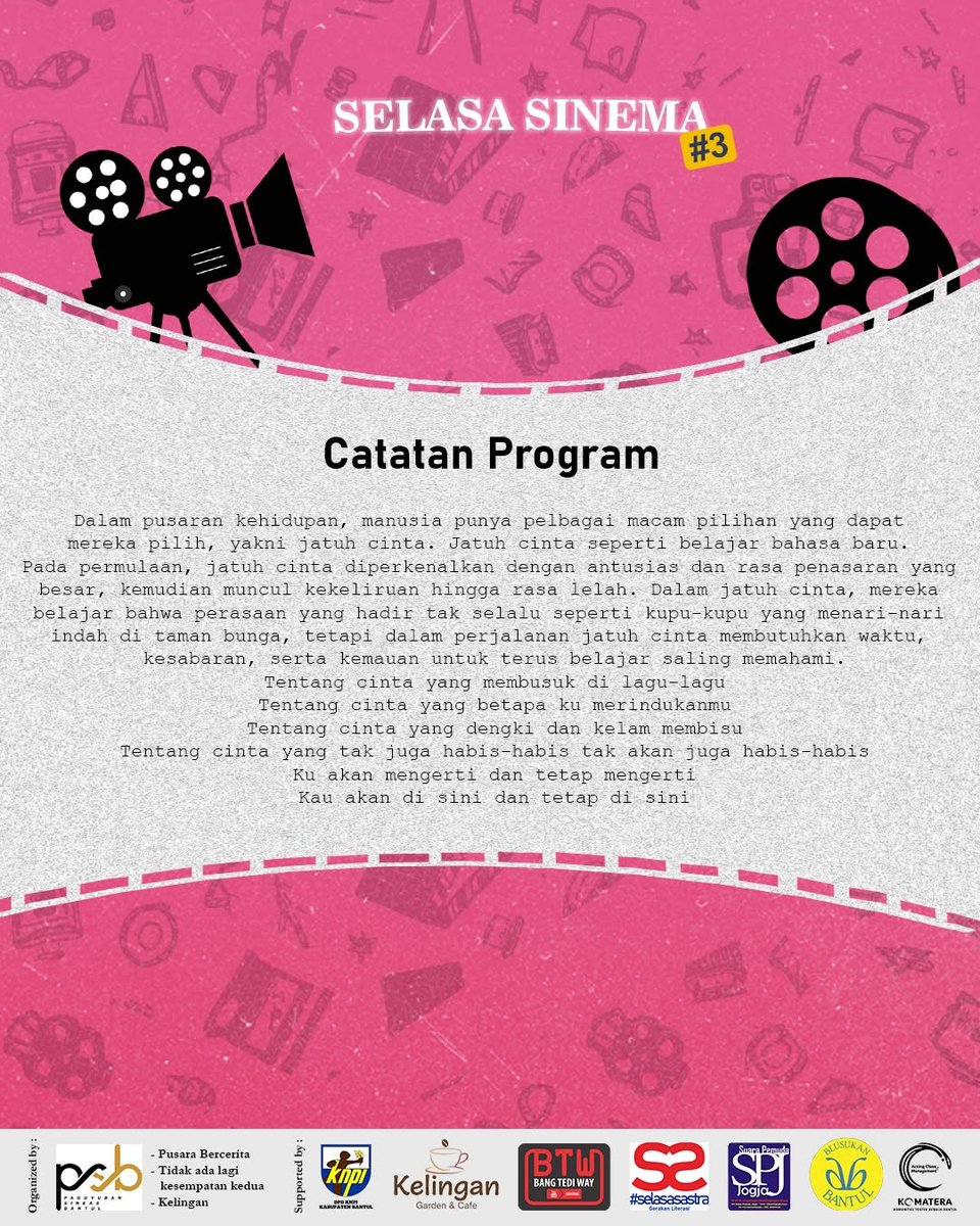 Hari itu bisa saja membuat perahatian kecil terasa besar atau bahkan hanya sekedar “perayaan sunyi tentang rasa”.

edisi bulan Februari #selasasinema menghadirkan film-film tentang ketulusan, kebersamaan dan kesempatan.
Gratis!!!