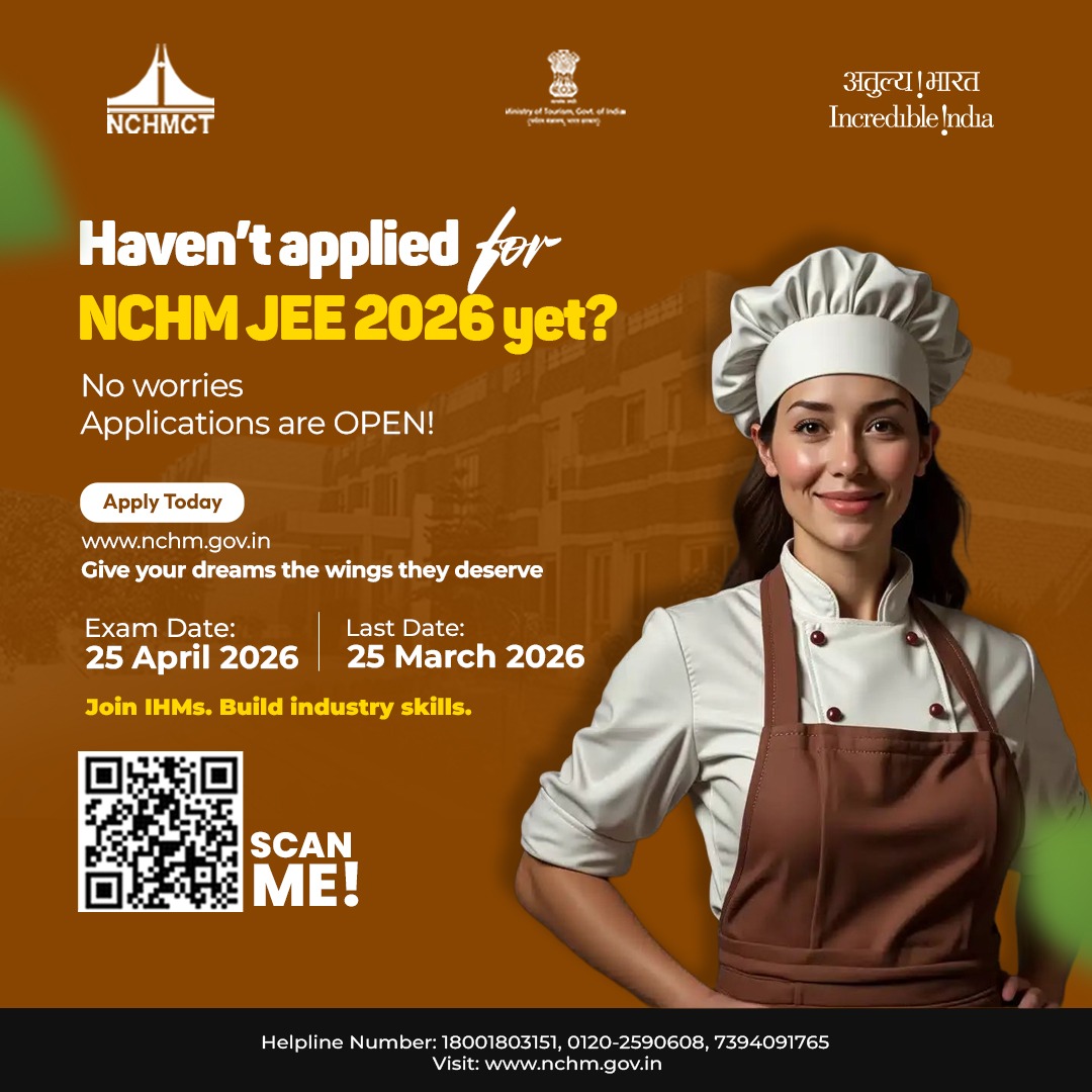 Your future in hospitality starts here ✨ 

Applications for NCHM JEE 2026 are open—don’t miss your chance to turn passion into a profession.

exams.nta.nic.in/registration-f…

#NCHMJEE2026 #HospitalityCareers #IHM #IncredibleIndia #DreamBig