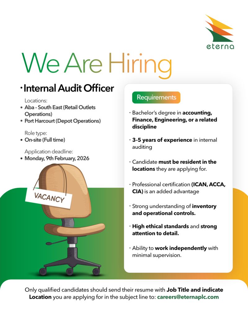 At <a href="/eternaplc/">ETERNA Plc</a> , strong governance and operational excellence remain central to how we deliver value across our network. 

Locations: #Aba (Retail Operations) | #PortHarcourt (Depot Operations)
Application Deadline: Monday, 9 February 2026 
Apply: Careers@eternaplc.com