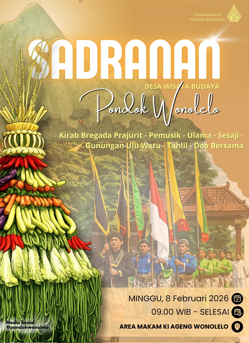 🌾 SADRANAN PONDOK WONOLELO 🌾
Tradisi luhur warisan budaya yang terus dijaga.
Kirab Bregada Prajurit, Pemusik, Ulama, Sesaji, Gunungan Ulu Wetu, Tahlil, dan doa bersama sebagai wujud syukur serta penghormatan kepada para leluhur.