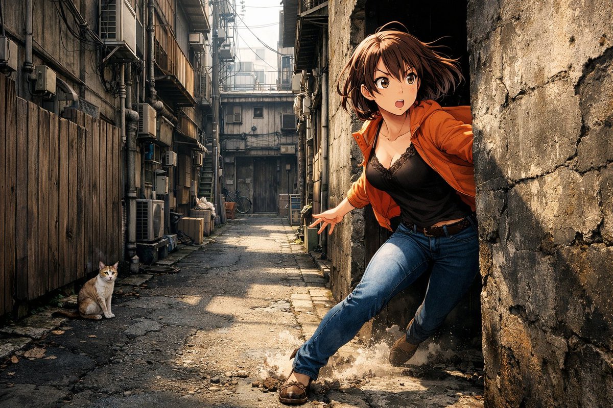 pcool4179love's tweet photo. dynamic anime-style scene, wide 16:9,
ultra-detailed 4k anime illustration, realistic lighting, cinematic composition.
a very narrow Japanese back alley in an extremely dense old neighborhood,
strong one-point depth perspective,
camera placed inside the main alley facing a T-shaped dead-end.
overall gritty atmosphere: old stained concrete, worn asphalt, clutter, cables, pipes.
left side: a tall weathered wooden fence and old concrete house walls,
overlapping balconies, tangled external pipes, meters, AC units, messy cables.
right side: an old rough concrete wall extremely close to the camera,
dark stains, chipped edges, slightly leaning, NOT modern or clean.
in this right wall there is a clearly visible very narrow side alley,
a thin dark asphalt passage between buildings, no doors, no windows, only a shadowy slot.
this side alley is clearly a small road-like passage, not a house entrance.
the girl is captured at the exact moment she bursts out from this right-side side alley into the main alley,
her body just leaving the shadowy side passage and entering the brighter main alley.
ground: old cracked asphalt with gravel, dust, and a few patched areas.
near the left fence: a small stray cat sitting on the asphalt, looking toward the camera.
soft afternoon sunlight enters the main alley in thin streaks,
the side alley behind the girl remains darker, creating strong contrast.
hard shadows, cramped dense urban atmosphere.
the girl: medium-length brown wavy hair blown sideways by motion,
orange cardigan flaring open, black lace camisole, tight blue jeans, brown shoes.
naturally full chest shape under the camisole (non-sexual).
pose: sharp turning motion as she bursts out from the right-side alley,
left leg stepping forward with weight into the main alley,
right leg stretched back inside the shadow of the side alley, heel lifted,
a small puff of dust and gravel kicked up.
right arm extended back for balance, left arm bent forward with fingers slightly spread.
expression: surprised and tense, knitted brows, wide focused eyes, mouth slightly open as if gasping.
slightly low tilted camera angle, very strong linear perspective, dense worn-out city mood.