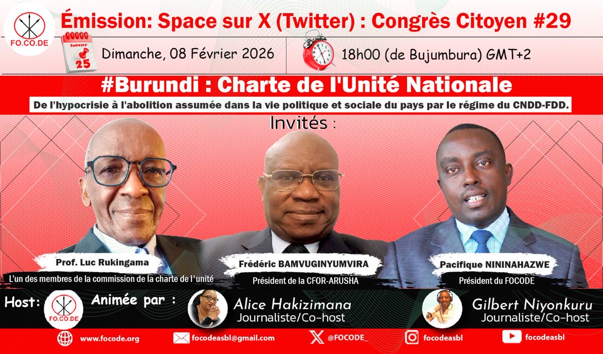 #Burundi | <a href="/pnininahazwe/">Pacifique NININAHAZWE 🇧🇮</a> : 

🚨 "Pourquoi cette animosité du <a href="/GeneralNeva/">SE Evariste Ndayishimiye</a> envers un symbole de l'unité nationale ? " #Burundi #Ubumwe 

Un débat sur sujet est prévu pour ce dimanche à 18h00, heure de #Bujumbura , 17h00 heure de Paris, en live sur les plateformes numériques du