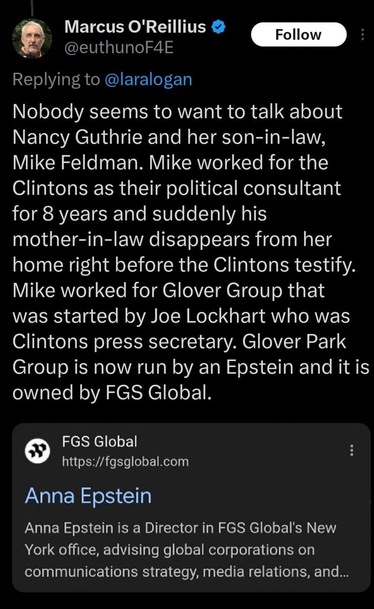 Nancy Guthrie's son and law worked for the Clintons.

Well, that's not sus. 🤔