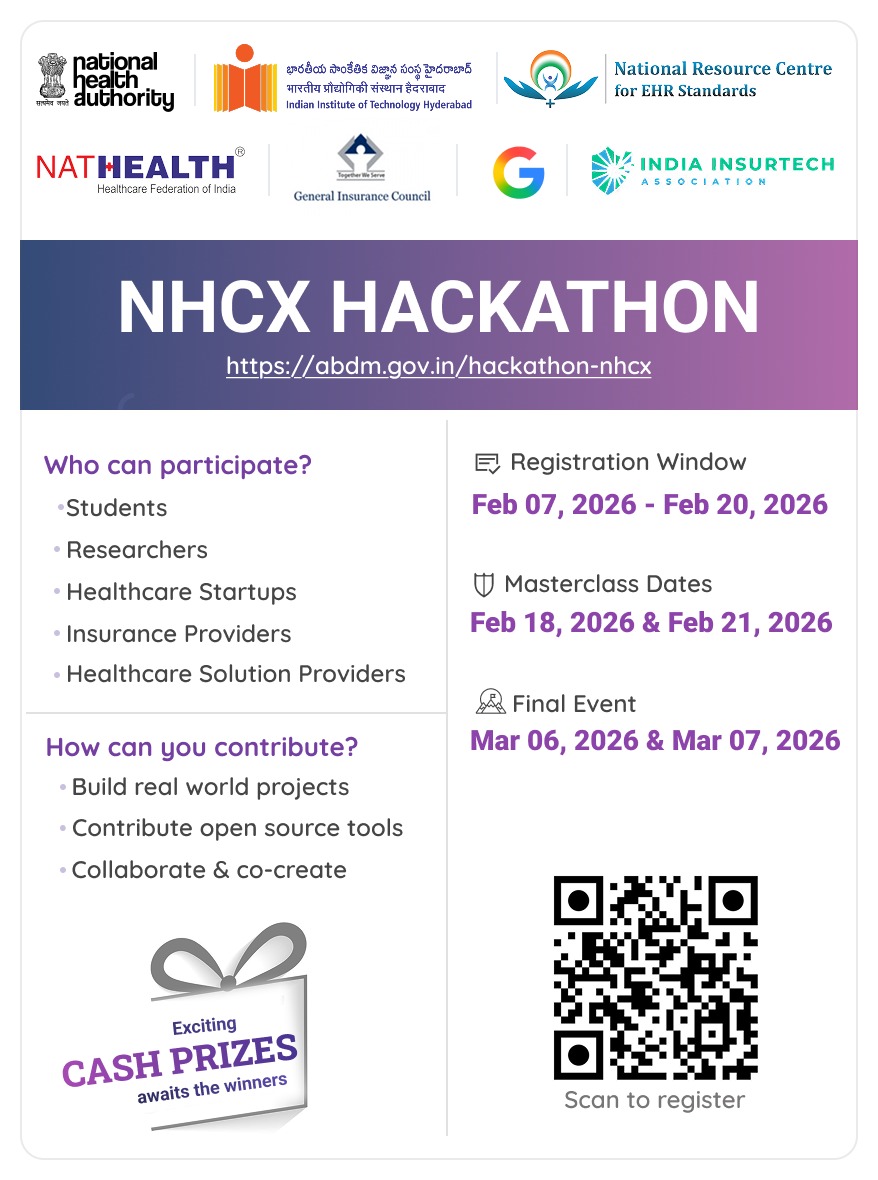 🚀 Entries for #NHCXHackathon 2026 are live!

🧑‍💻 Calling students, researchers, startups, healthcare innovators &amp; insurance providers to build real-world solutions for India’s health ecosystem.

🗓️ Register: Feb 7–20, 2026
🏁 Finale: Mar 6–7, 2026

🔗 abdm.gov.in/hackathon-nhcx