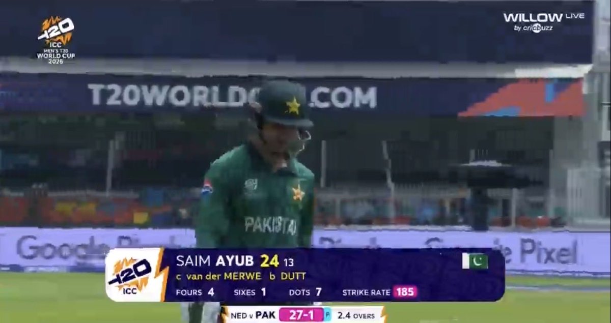 OyeStone's tweet image. Saim ayub wicket down after 24 (13) 

#PAKvsNETH #T20WorldCup2026
