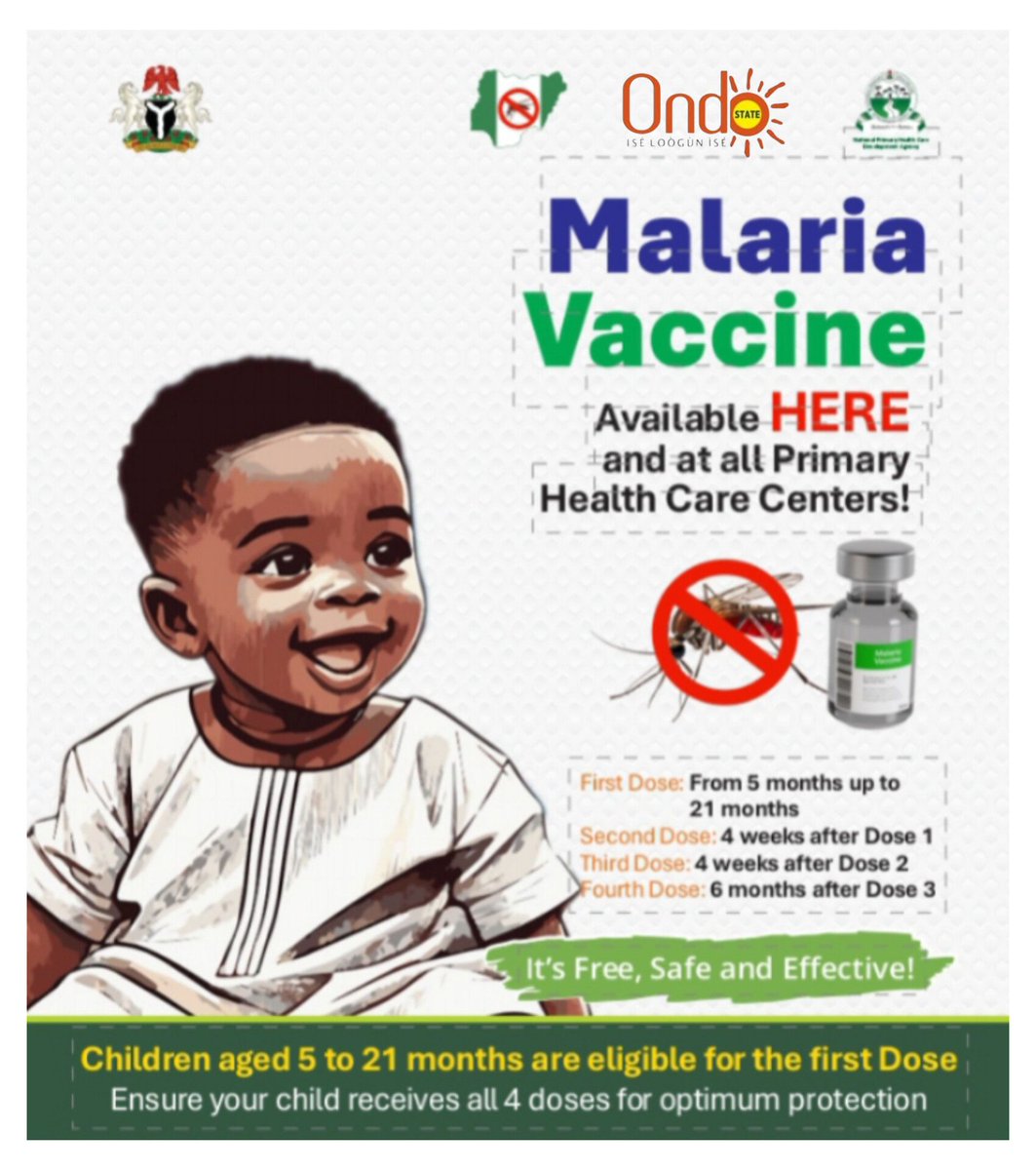 ONDOIMPACT's tweet photo. Malaria is one of childhood illness responsible for poor human capital development. A sick child cannot feed and grow properly, and suffers good cognitive development. Hence the nation bears the consequence on human capital development.
Ensure your eligible children get vaccinated today.
#EndMalaria