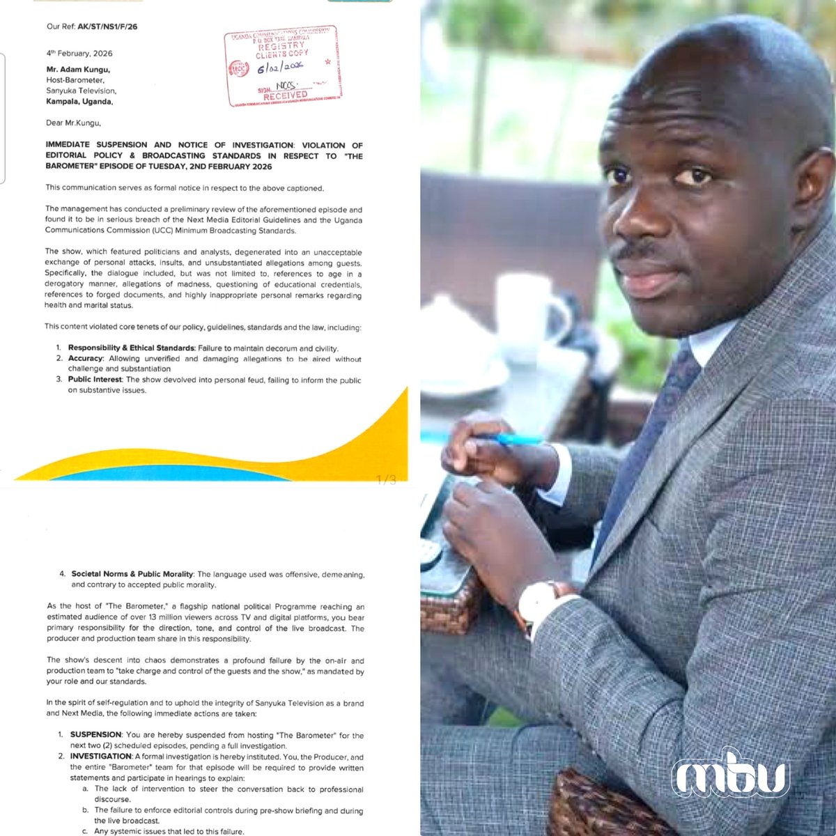 MBU's tweet photo. TV host Adam Kungu has been temporarily suspended from hosting “The Barometer” show.

He is accused of violating the editorial and broadcasting standards. https://t.co/RmJO6nFyXp