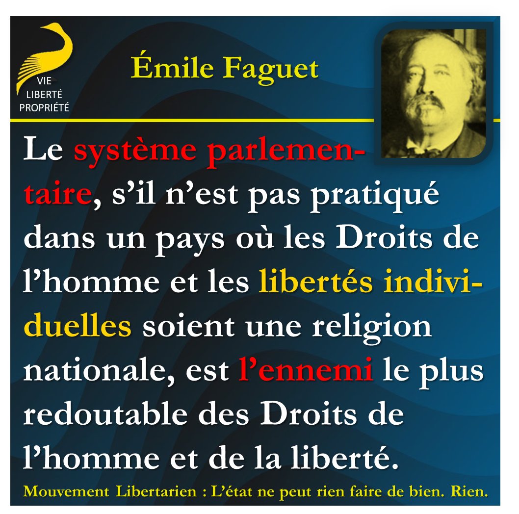 Le système parlementaire, s’il n’est pas pratiqué dans un pays où les Droits de l’homme et les libertés individuelles soient une religion nationale, est l’ennemi le plus redoutable des Droits de l’homme et de la liberté.
Emile Faguet