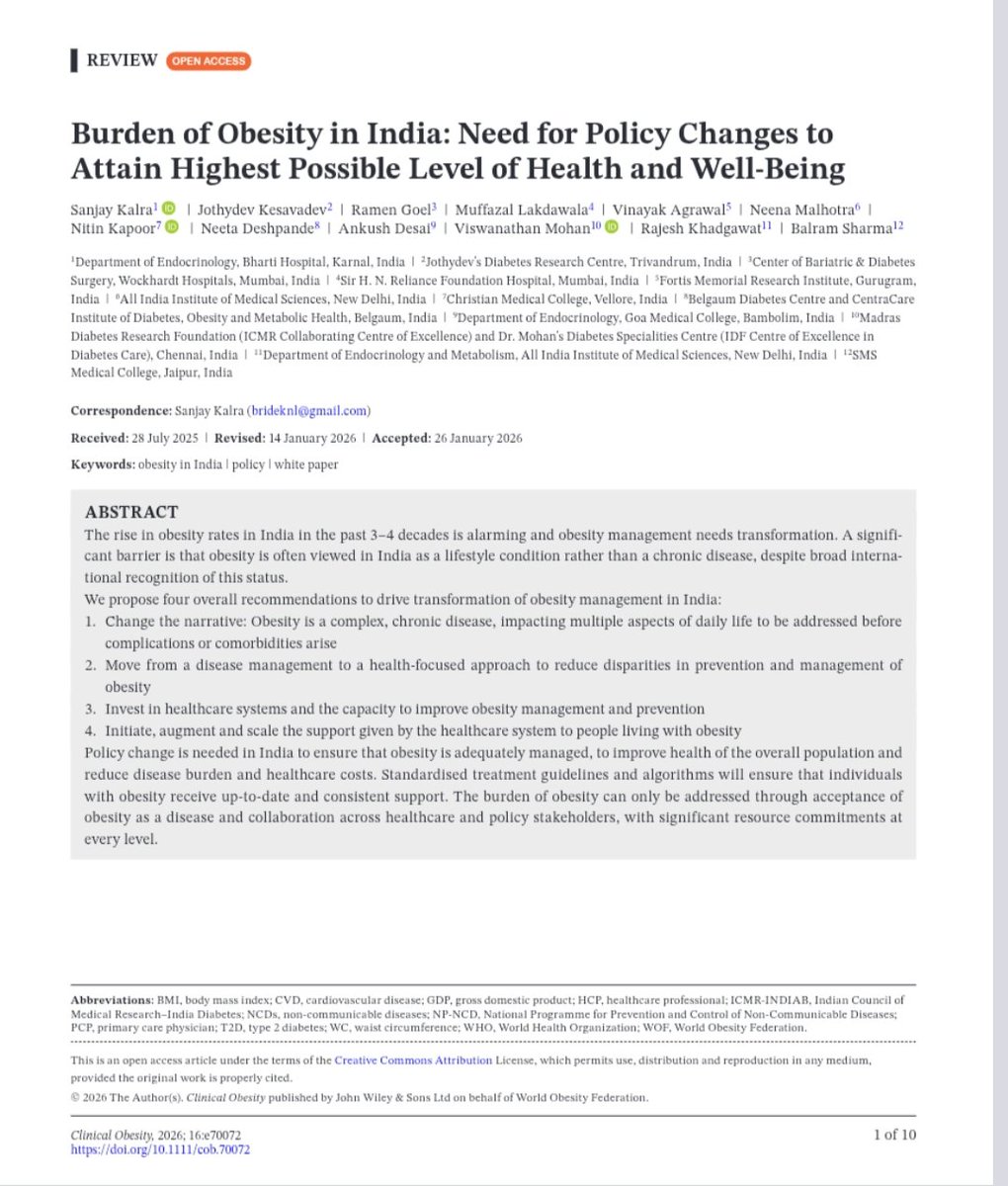 drmohanv's tweet image. Happy to be part of this excellent article by @SanjayKalraDr1 and colleagues on Obesity in India which highlights the scale of the problem and outlines why comprehensive policy reforms are essential to achieve the highest possible level of health and well-being for all Indians.