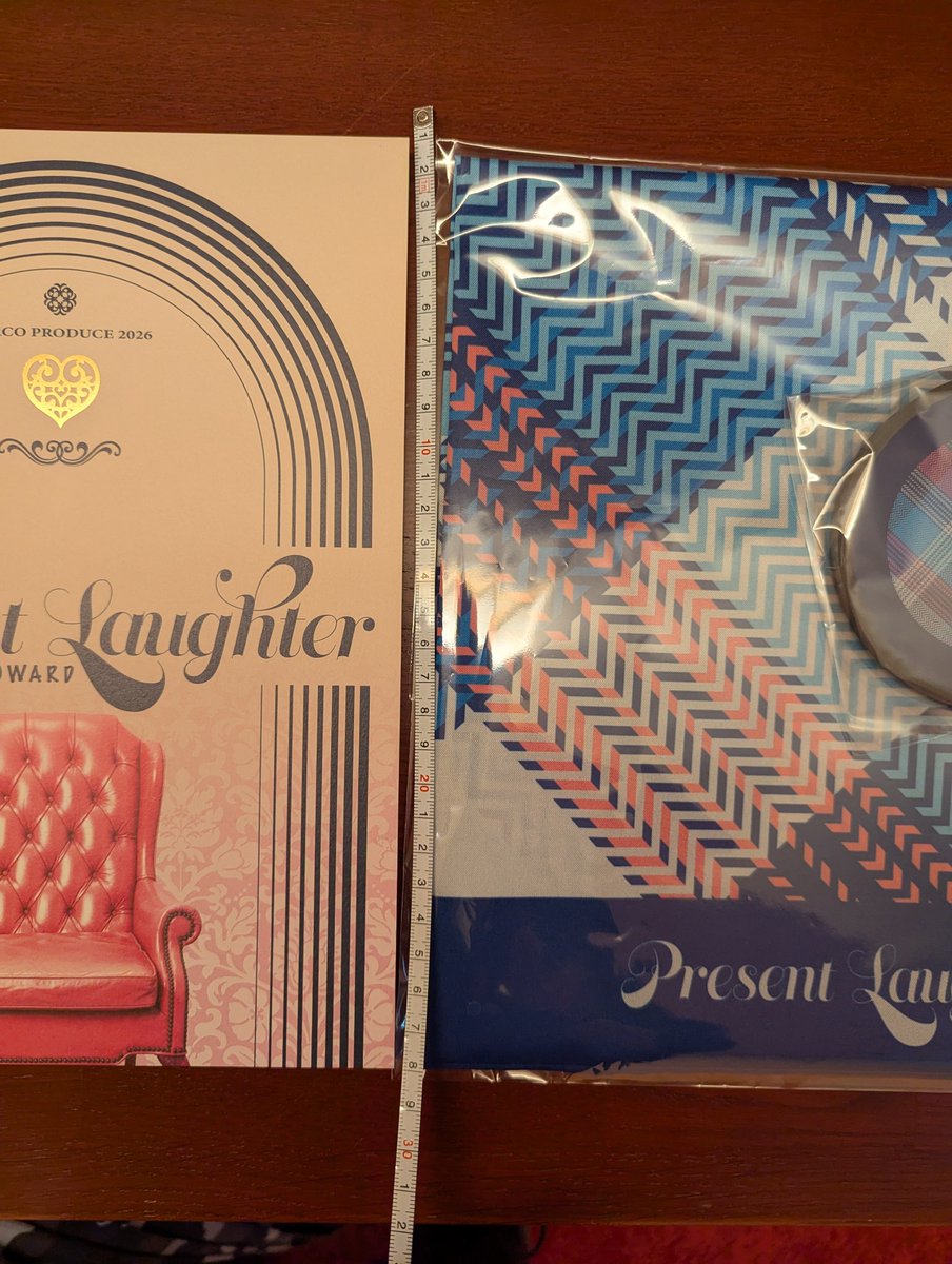 プレゼント・ラフター グッズ パンフとスカーフ（四つ折り状態）サイズ