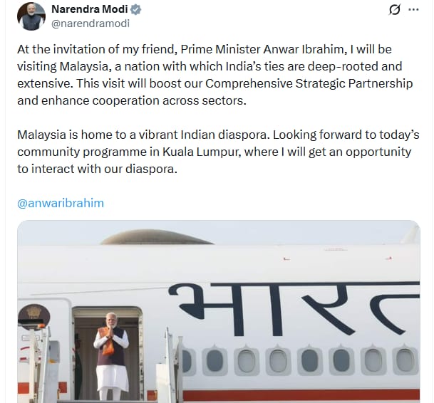 UpendrraRai's tweet photo. PM @narendramodi posts, "At the invitation of my friend, Prime Minister @anwaribrahim, I will be visiting #Malaysia, a nation with which India’s ties are deep-rooted and extensive. This visit will boost our #ComprehensiveStrategicPartnership and enhance cooperation across sectors. Malaysia is home to a vibrant Indian diaspora. Looking forward to today’s community programme in Kuala Lumpur, where I will get an opportunity to interact with our diaspora." @PMOIndia @MEAIndia