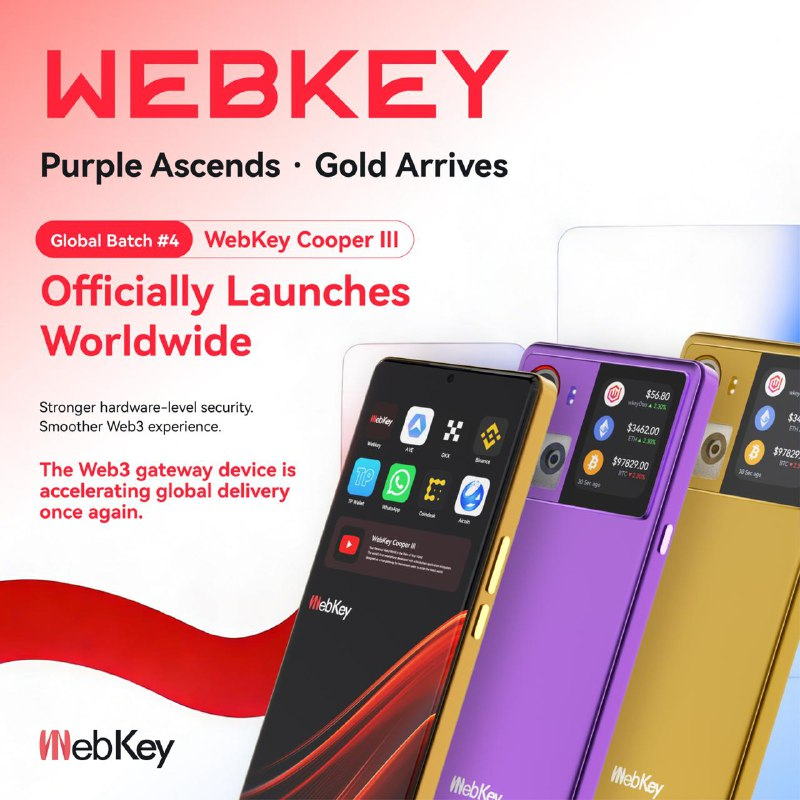 Webkey_1's tweet photo. 💜✨ Purple Ascends. Gold Arrives.
🌍🚀 #WebKey Cooper III (Global Batch #4) is live worldwide.

Stronger hardware-level security. A smoother #Web3 experience. 

The Web3 gateway is accelerating global delivery once again. Secure yours and step into the future — starting now. 🔥 https://t.co/uC3ZvWQ8iS