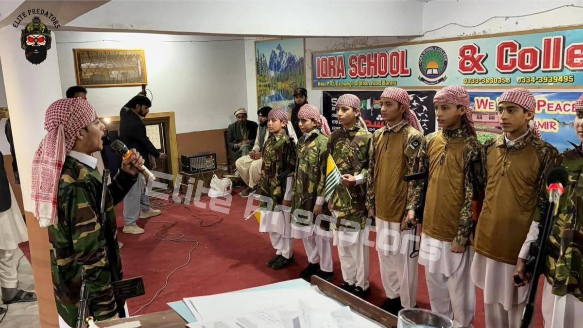 Pakistan: Photo from a school event held on February 5, 2026, to mark Kashmir Solidarity Day show children holding weapons and taking oath of Jihad as part of the program.