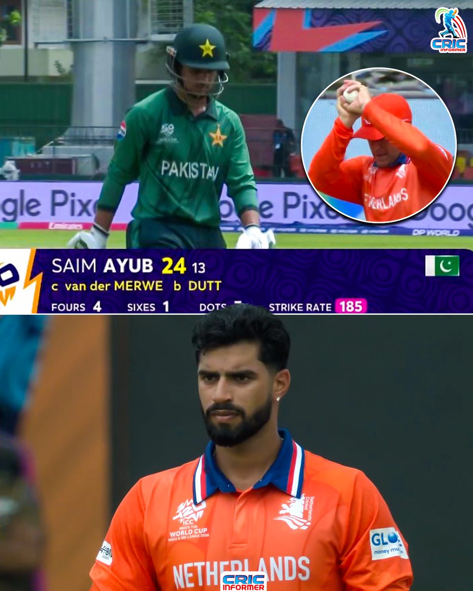 CricInformer's tweet image. Aryan Dutt strikes, sending Saim Ayub back for 24

 — a huge blow for Pakistan

#pakvsnet #T20WorldCup #ICC