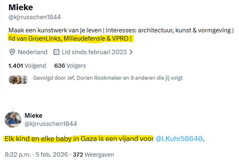 Linkse bio. Dit is Mieke. Mieke is anoniem: <a href="/kjrrusschen1844/">Mieke</a> . Want dan kun je veilig anoniem mensen als <a href="/LenKuhr/">Lenny Kuhr</a>  die naar Israël verhuist, vals beschuldigen en beledigen. Mieke is lid van GroenLinks, Milieudefensie (die de moordenaar van Pim Fortuyn leverde) en VPRO.
Vandaar.