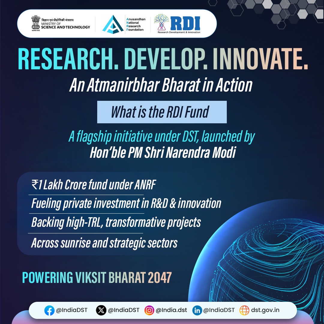 Thread | #RDI Fund

A flagship <a href="/IndiaDST/">DSTIndia</a> initiative launched by Hon’ble PM Shri <a href="/narendramodi/">Narendra Modi</a>, the RDI Fund is catalysing private investment in R&amp;D. 
An independent entity under <a href="/ANRFIndia/">Anusandhan National Research Foundation</a>, it backs high-TRL (4+) projects across India’s sunrise sectors. 1/4

<a href="/PMOIndia/">PMO India</a>