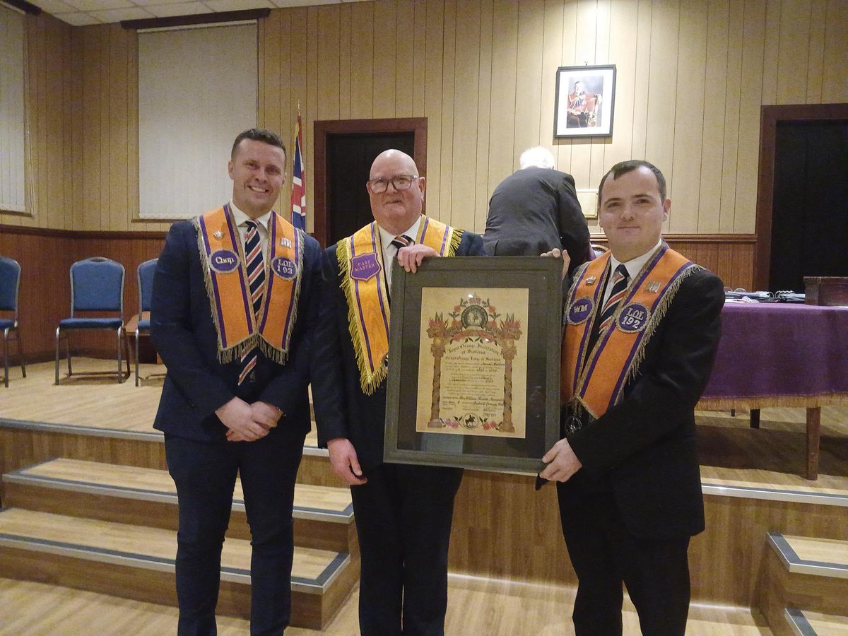 The February meeting of LOL 192 (Bellshill Dist) saw the Immediate Past Master Bro Sam Meldrum receive his diploma, jewel and collarette from Worthy Master Bro Tom Weir. Also pictured is Dist Master Bro Alan Airns who is also a member of LOL 192.