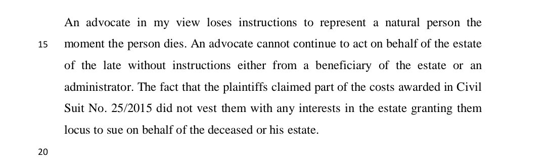 #SuccessionLaw #LocusStandi 
🍓Once a Lawyer's Client dies, the Lawyer ceases to have instructions.
Read: 📌Muhumuza and 2 Others v Mbabulima (Civil Suit No. 38 of 2022) [2023] 
ulii.org/en/akn/ug/judg…