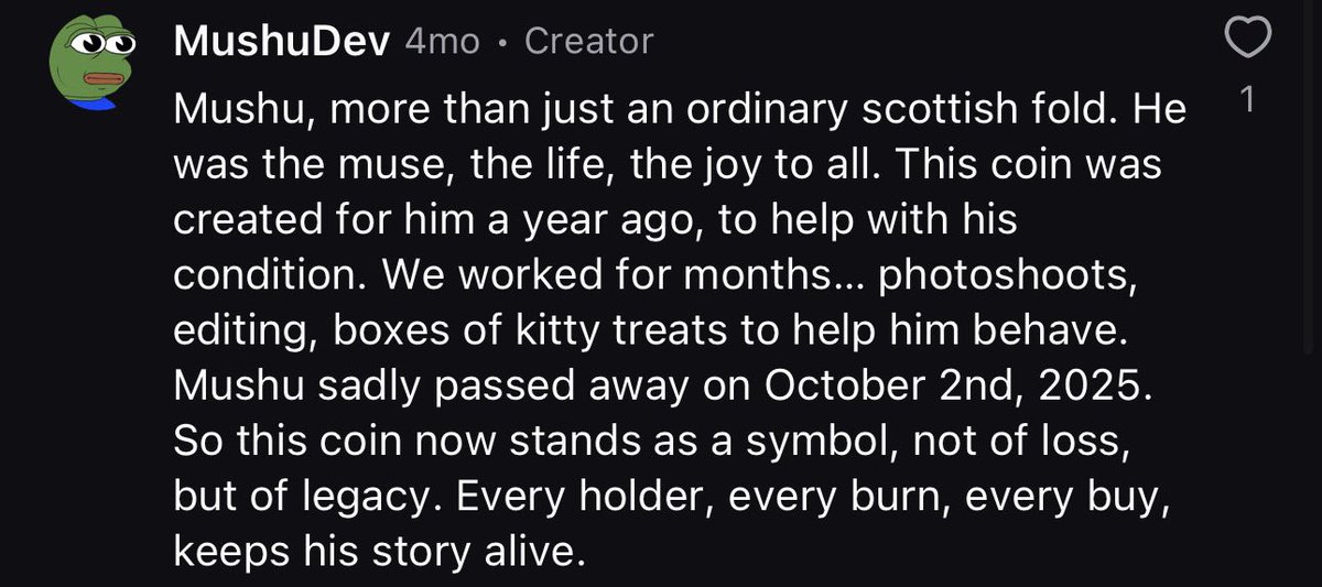 Two years ago, the creator of $MUSHU launched a meme coin to help cover treatment for his sick cat. The project collapsed before any hype could form.

Despite that, he stood behind the coin, constantly buying and burning supply. Over time, MUSHU was forgotten.

Then, four months