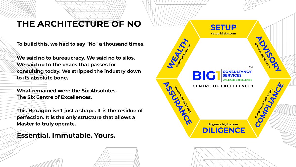 BIG1CS's tweet photo. "The Depth You Don't See."
Six words. One yellow Hexagon. It looks simple—but simple is hard.
To reach this, we deconstructed the bedrock of "Advisory" and "Diligence." Most see a shape; we see thousands of hours of architecture.
It’s not just a system. It’s a masterpiece. ⬡ https://t.co/gwfvnM4UGn