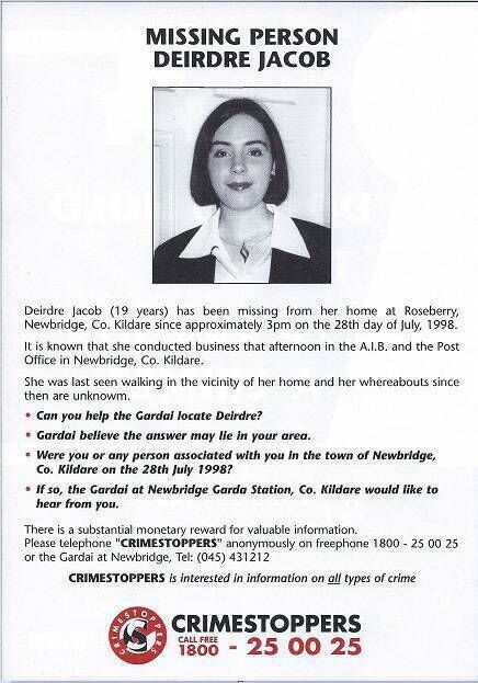RobLooseCannon's tweet image. An 18-year-old student teacher called Deirdre Jacob was back home in Kildare, on her summer break from St Mary’s University in London. She vanished almost in sight of her own front gate on the 28th of July 1998. 

Deirdre set out that day to do some messages in Newbridge town,…