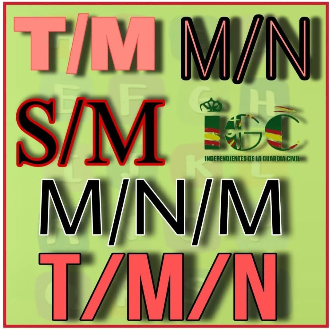 Creen que se trata de una sopa de letras?

NO, son "cadencias" de turnos de muchos guardias civiles:
T/M: Trabajan de tarde y seguidamente de mañana.
M/N: Trabajan de mañana y seguidamente de noche.
S/M: Saliente de noche y al siguiente día de mañana.
M/N/M: Mañana y noche y al