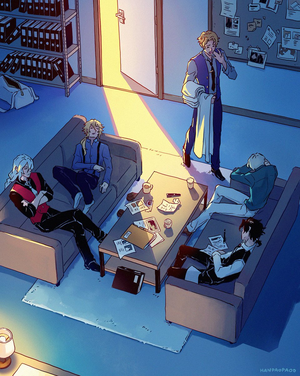 More modern investigator AU. They probably often spend the night in the office working on cases