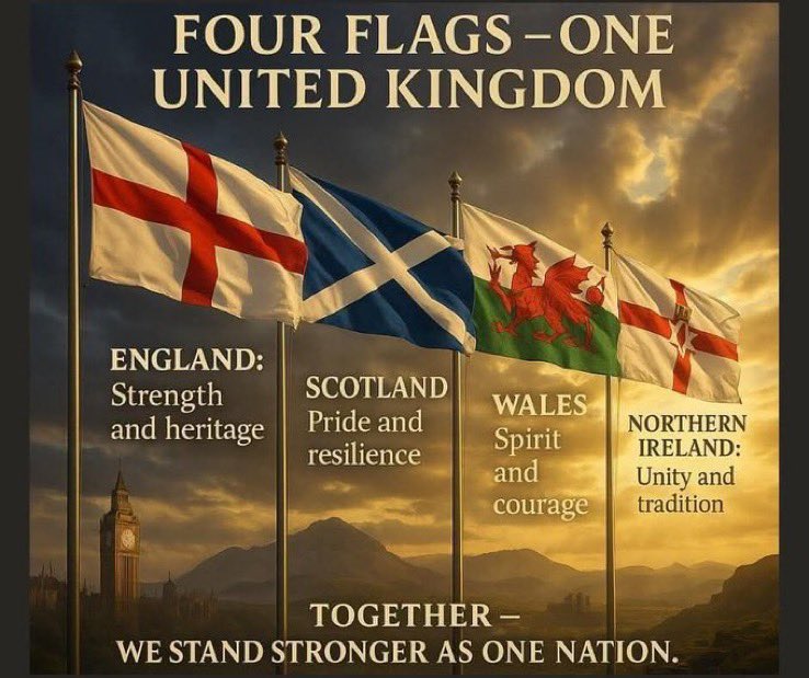 ChrisWrightson6's tweet image. Four Flags, One United Kingdom! 

This powerful image captures the essence of our nation: England’s strength and heritage, Scotland’s pride and resilience, Wales’ spirit and courage, and Northern Ireland’s unity and tradition. Together, we stand stronger as one!

That’s why we…