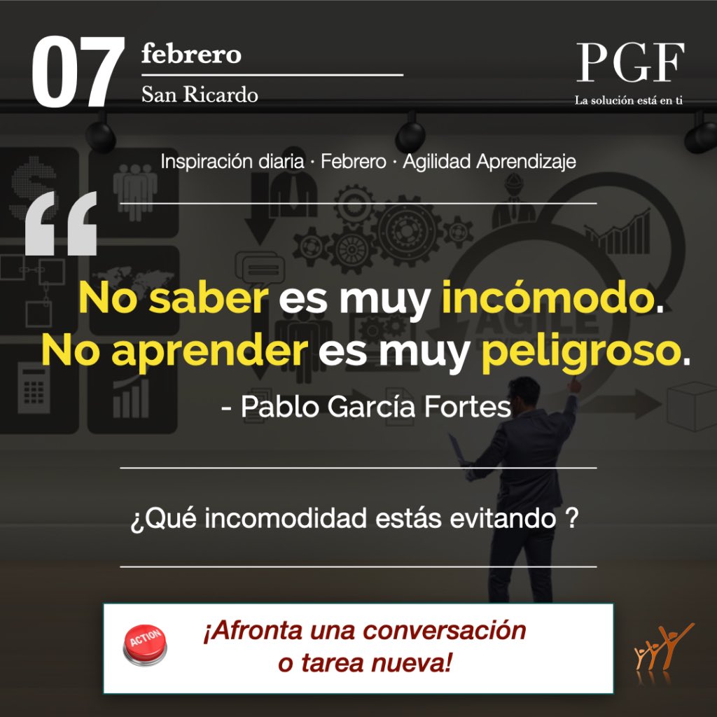 «No saber es muy incomodo. No aprender es muy peligroso.»

Pablo García Fortes

¿Qué incomodidad estás evitando?

Microacción del día: Afronta una conversación o tarea nueva.

#Citadeldía  #PabloGarcíaFortes #AgilidadAprendizaje #LifelongLearning #SoftSkills #ZonaDeCrecimiento