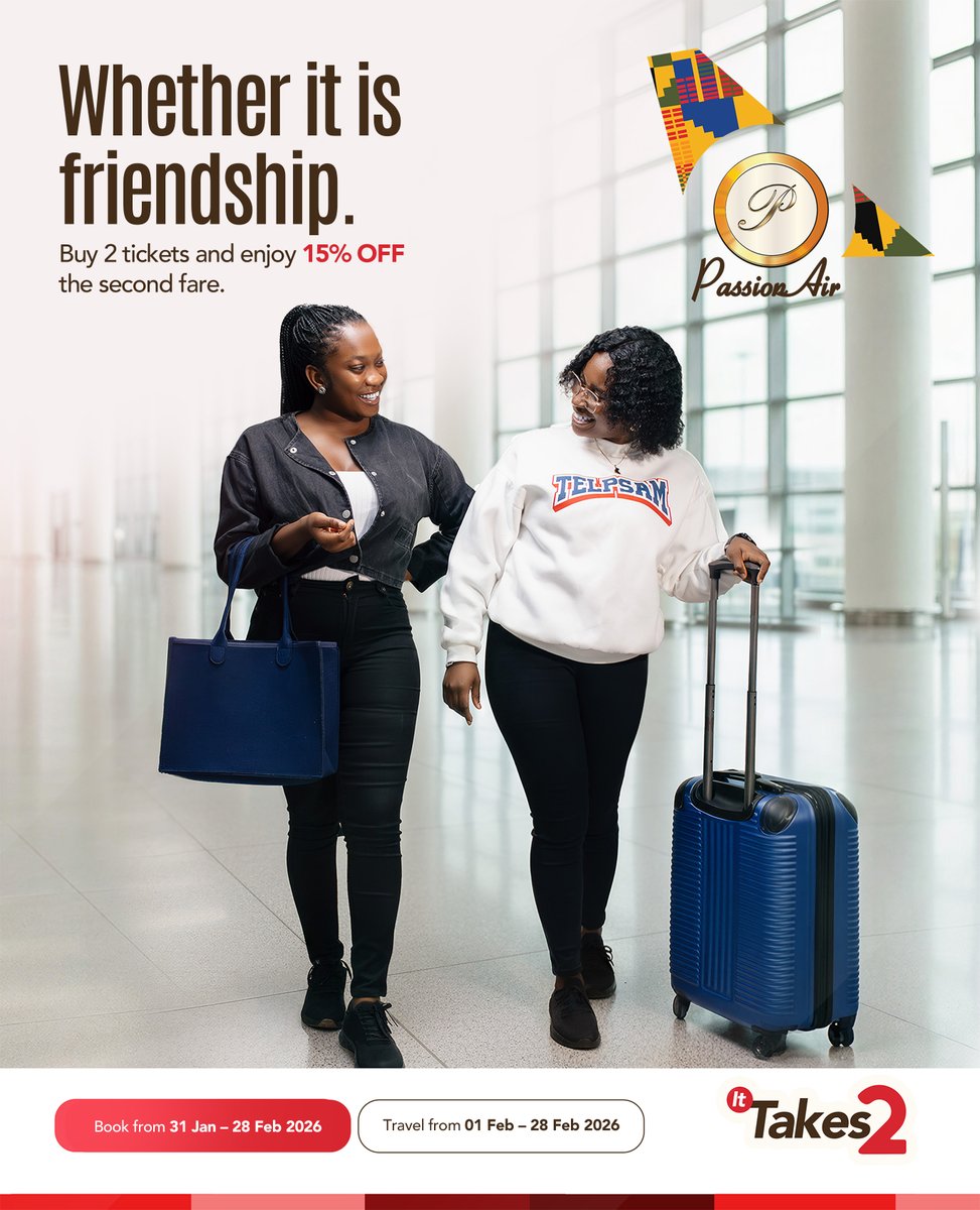 flypassionair's tweet photo. For friendship travel, adventures are better when shared. ✈️
Book for two and enjoy 15% off with our It Takes 2 deal.

#FlyPassionAir #ItTakes2 #TravelDeals #FlyGhana #Friends https://t.co/sCqUugrQD2
