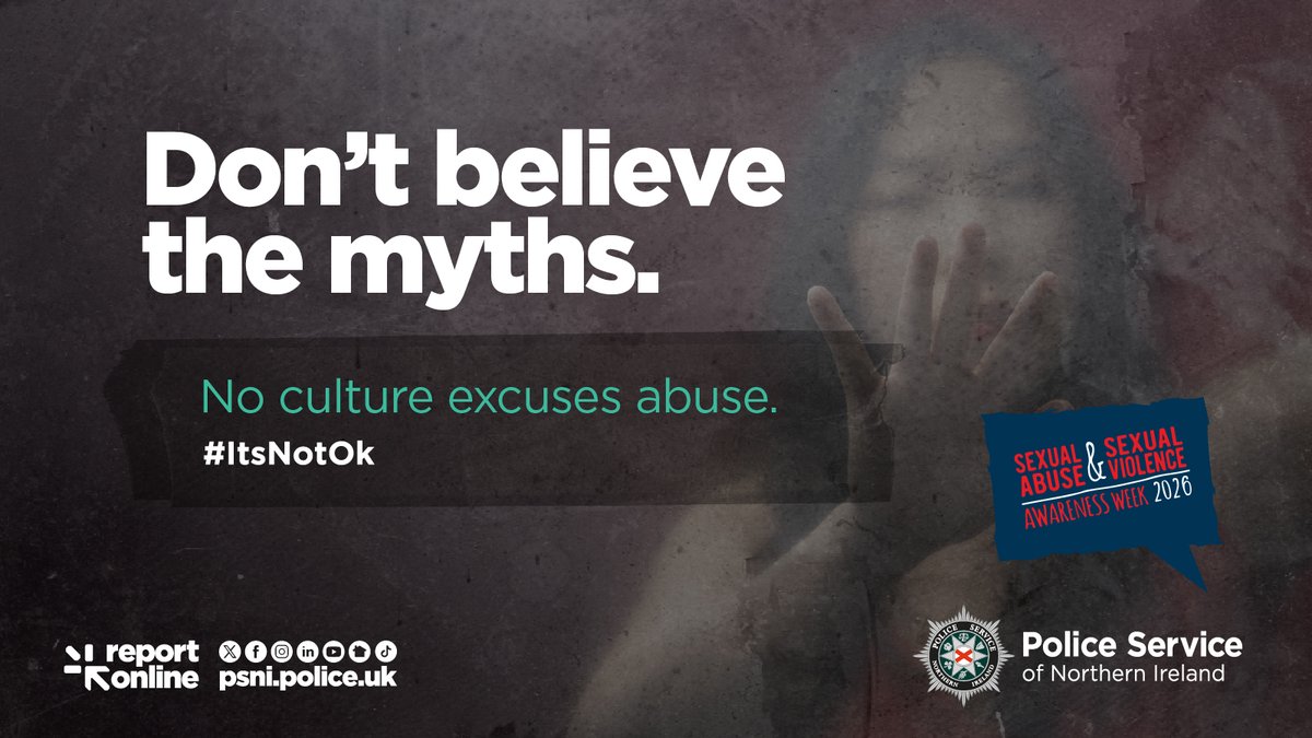 PoliceServiceNI's tweet photo. Myth: Sexual violence doesn’t happen in ethnic minority communities.
Fact: It affects all communities. Fear and stigma stop reporting – not absence of harm.
Support is available.
#ItsNotOk https://t.co/0aNtXTFqW2