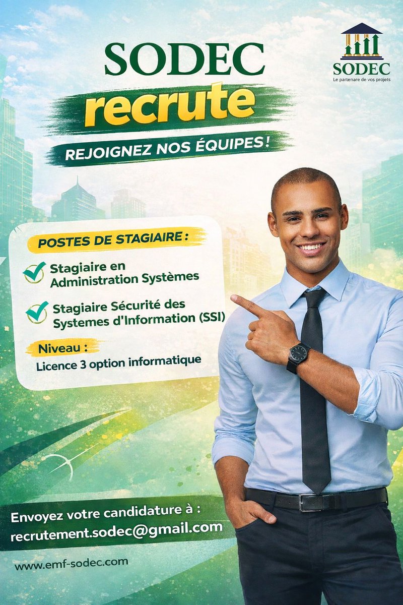 SodecG's tweet photo. ❇️ @SodecG recrute des stagiaires !
Profils recherchés :
▪️ Administration systèmes
▪️ Sécurité des systèmes d’information (SSI)
📩 CV + lettre : recrutement.sodec@gmail.com
#Recrutement #SODEC #Microfinance #Gabon https://t.co/AknI1qfvCl