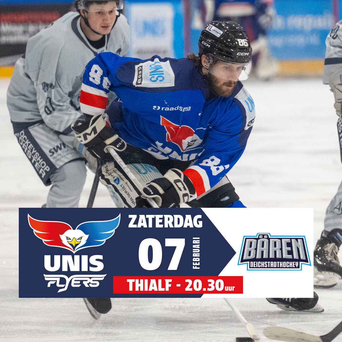 Vanavond 𝐔𝐍𝐈𝐒 𝐅𝐥𝐲𝐞𝐫𝐬 𝐯𝐬. 𝐄𝐇𝐂 𝐃𝐢𝐞 𝐁ä𝐫𝐞𝐧 🏒

Na zeges op Leuven en Mechelen wacht zaterdag opnieuw EHC Die Bären in Thialf. 

Twee weken geleden verlies na OT… tijd voor revanche?

Tickets: ticketpoint.nl/evenement/unis…

#UNISFlyers #IJshockey #Thialf #CEHL