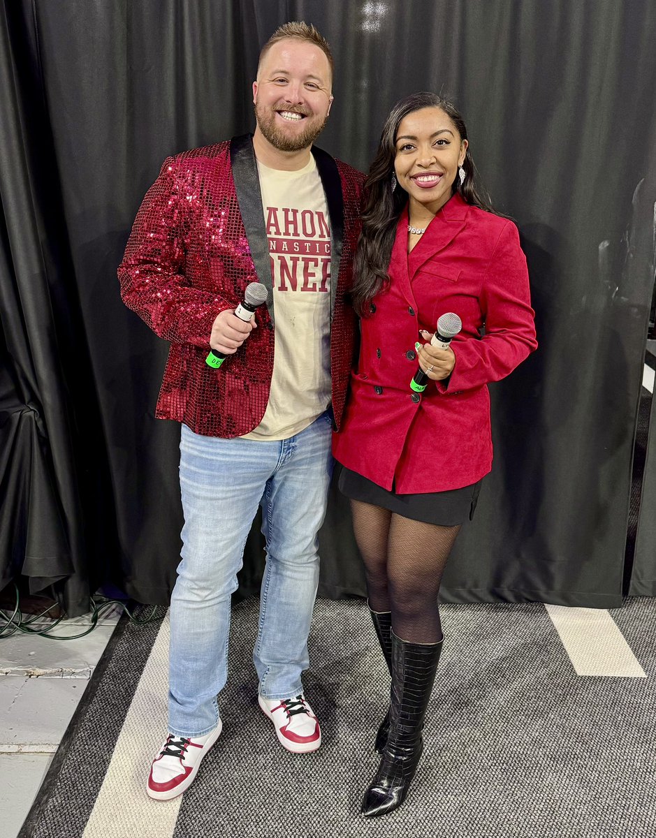 DevinNewsom's tweet photo. So great to be back in the LNC with some of my favorites on Friday night!  Great win for @OU_WGymnastics - and seeing yet another natty champ banner added! #GymU #ChampU #Champs 🏆 https://t.co/x79lGAPMWq