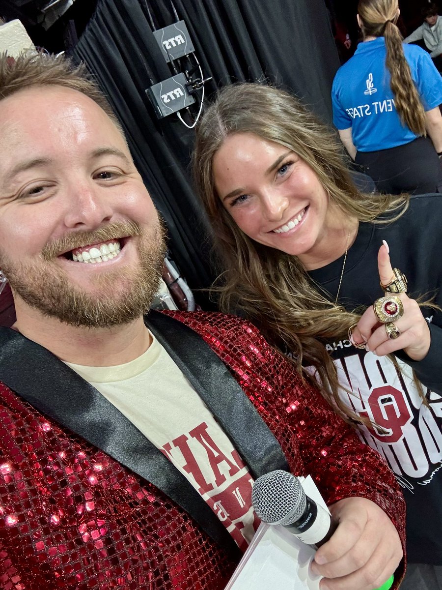 DevinNewsom's tweet photo. So great to be back in the LNC with some of my favorites on Friday night!  Great win for @OU_WGymnastics - and seeing yet another natty champ banner added! #GymU #ChampU #Champs 🏆 https://t.co/x79lGAPMWq