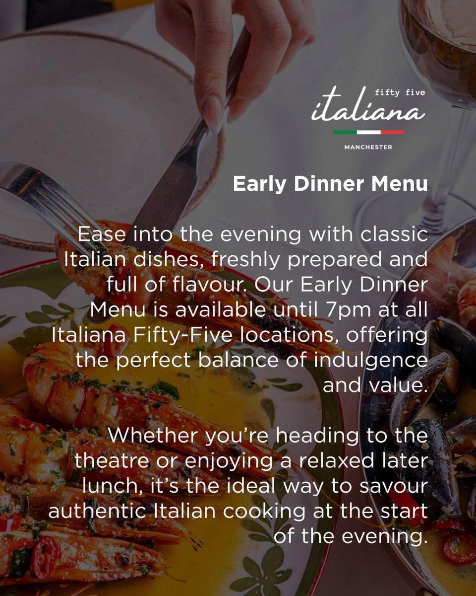 Our Early Dinner Menu is served until 7pm, bringing together classic flavours, freshly prepared dishes, and seriously good value. 🍝🍤

Bookings: italianafiftyfive.co.uk/reservation-an…

#italianamcr #italianrestaurant #restaurant #manchester