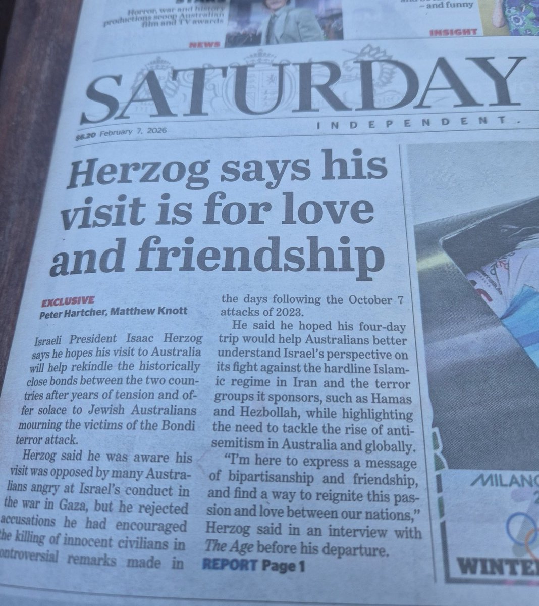 MFWitches's tweet photo. How in the gobsmacking fuck do we live in a country where one day Herzog is advising @AlboMP on political decisions around Palestine but the VERY NEXT DAY the VERY SAME MASTHEAD claims his visit isn’t political but only for mourning, love and friendship?

FUCK SAKE.

#NewsCorpse
#FreePalestine
