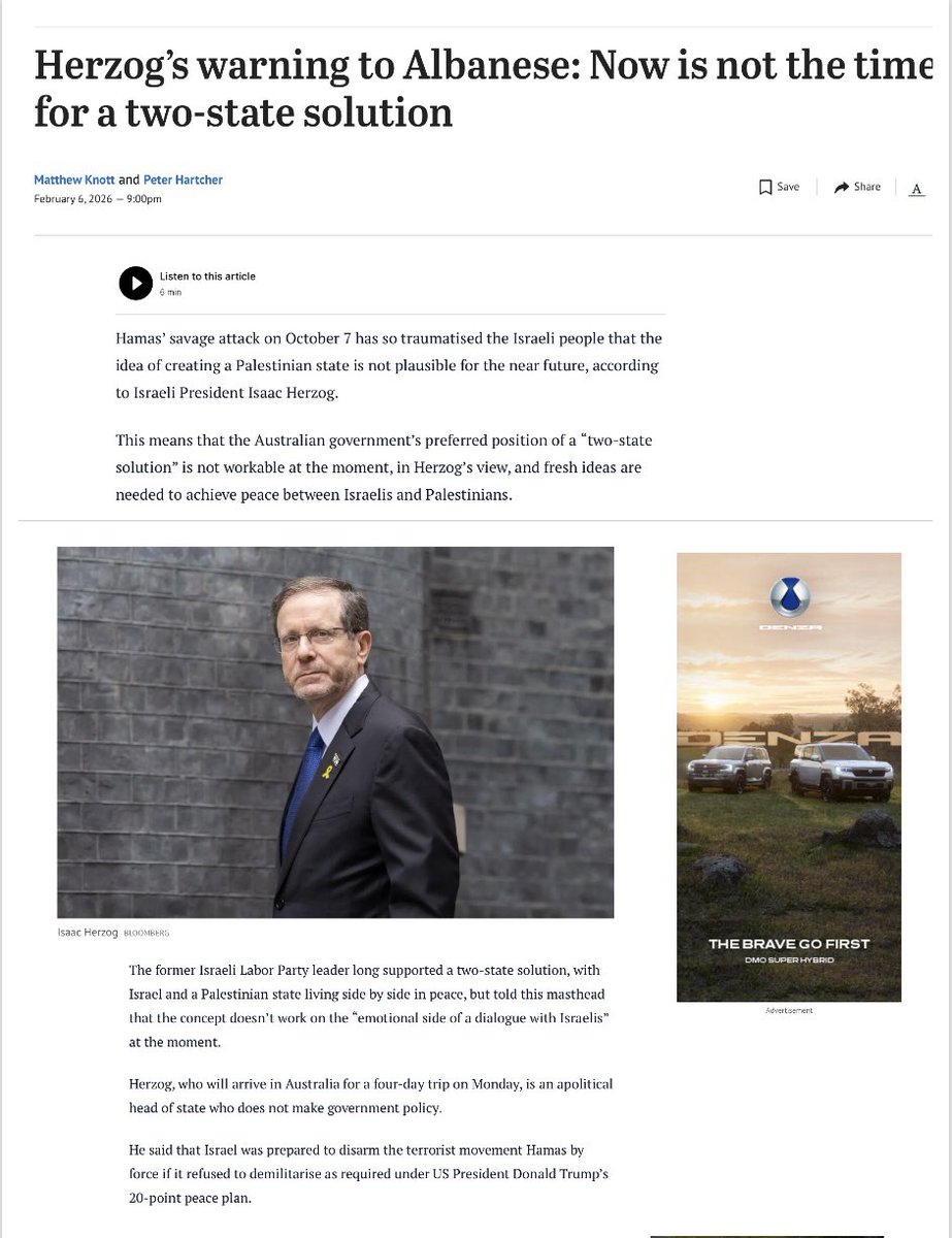 MFWitches's tweet photo. How in the gobsmacking fuck do we live in a country where one day Herzog is advising @AlboMP on political decisions around Palestine but the VERY NEXT DAY the VERY SAME MASTHEAD claims his visit isn’t political but only for mourning, love and friendship?

FUCK SAKE.

#NewsCorpse
#FreePalestine