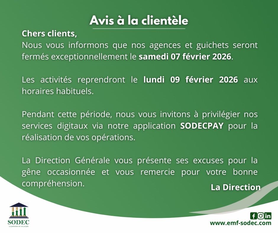 SodecG's tweet photo. 📜La 𝐃𝐢𝐫𝐞𝐜𝐭𝐢𝐨𝐧 𝐆𝐞́𝐧𝐞́𝐫𝐚𝐥𝐞 de la 𝐒𝐎𝐃𝐄𝐂 vous prie de bien vouloir prendre connaissance de l’information ci-après.

Agréable fin de semaine à tous! https://t.co/S8LYA2H0bS